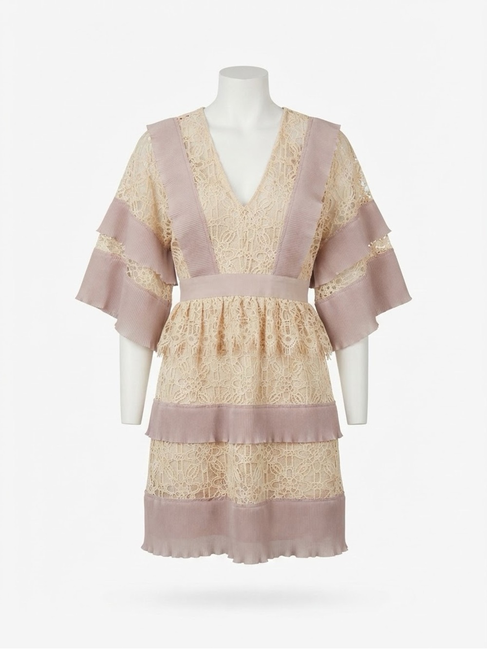 STEVIE MAY Lilac & Antique Lace Mini Dress Pleated Ruffle Boho Wedding Guest M